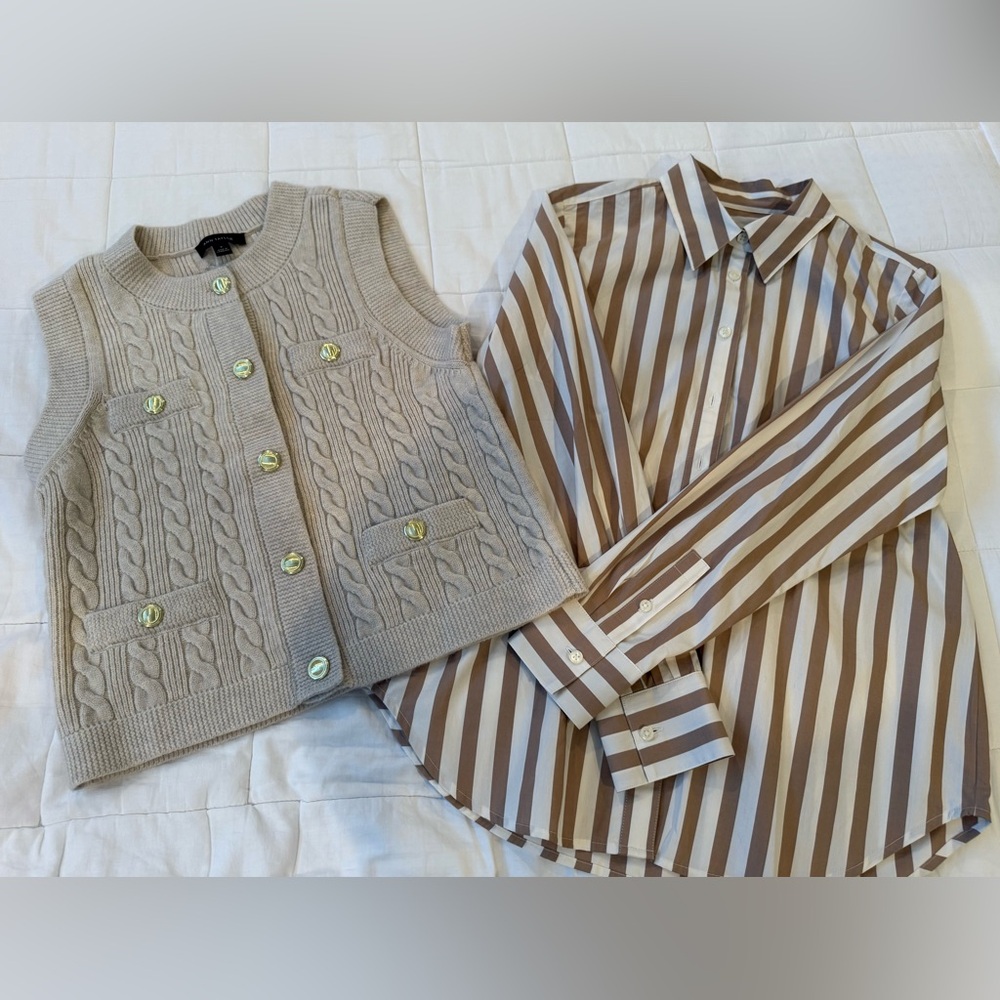 Ann Taylor Cream Cable Knit Sweater Vest and Stripped Shirt